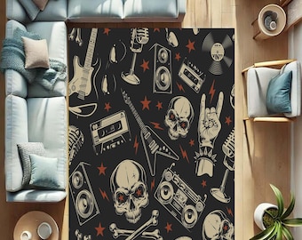 Rock Music Rug, Skull Floor Mat, Punk Room Decor, Gothic Carpet, Grunge Style Rug, Cool Teen Rug, Guitar Skull Music Lover Gift