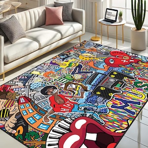 Music Art Rug, Urban Style Rug, Funky Colorful Rug, Style Carpet, Cool Teen Room Rug, Graffiti Music Rug, Pop Culture Rug, Funk Style Rug