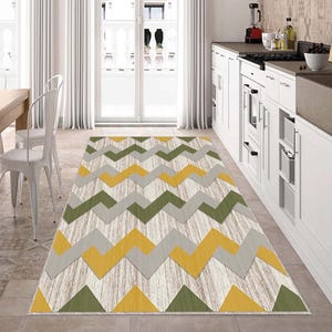 Modern Hallway Runner Rug, Geometric Chevron Carpet, Green Yellow Beige Runner,Long Area Rug, Contemporary Entryway Mat, Washable Soft Rug