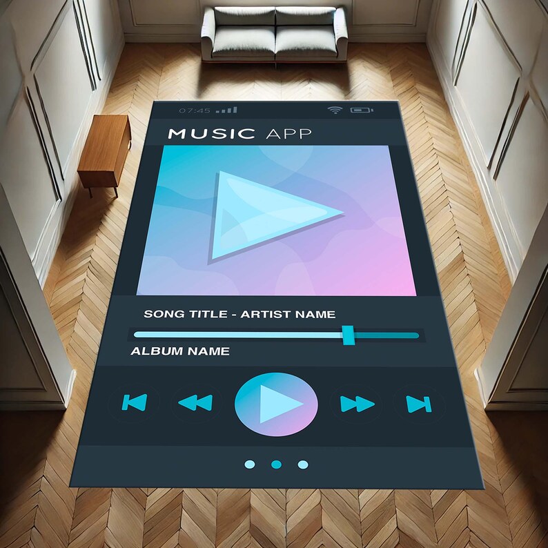 Op de afbeelding: Een zwart en blauw tapijt met een afbeelding van een smartphone die muziek afspeelt. Het tapijt heeft een afspeelknop, een volume schuifregelaar en songinformatie. De tekst op het tapijt luidt "MUSIC APP".