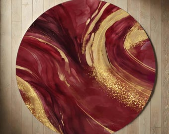 Tappeto rotondo bordeaux, tappeto astratto, tappeto rotondo glamour, tappeto di lusso per soggiorno, tappeto dai colori vivaci, arredamento elegante per la casa, tappeto artistico circolare