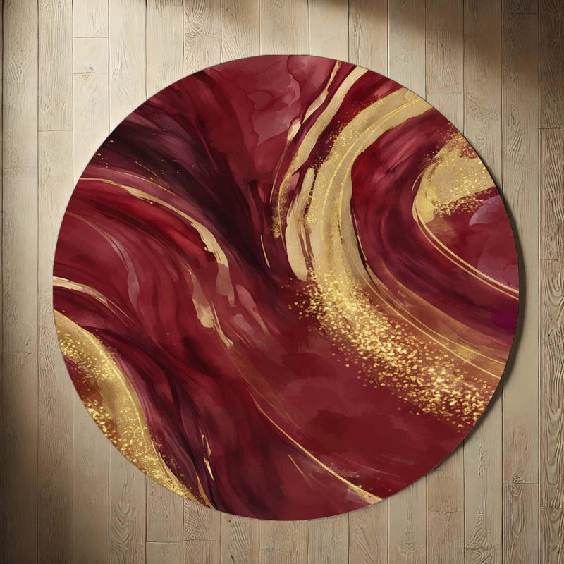 Round Maroon Rug White and Gold Circle Rug - Etsy