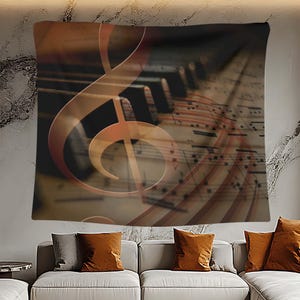 Music Tapestry, Piano Keys & Treble Clef Wall Art, Classical Music Decor, Sheet Music Design, Musician Gift, Artistic WallArt, Vintage Style