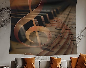 Music Tapestry, Piano Keys & Treble Clef Wall Art, Classical Music Decor, Sheet Music Design, Musician Gift, Artistic WallArt, Vintage Style