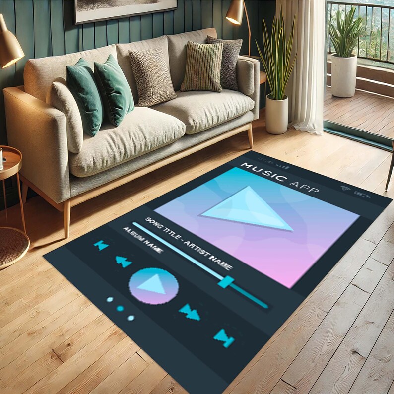 Op de afbeelding: Een donkerblauw tapijt met een muziek-app-interfaceontwerp. Het tapijt heeft een grote afspeelknop, een schuifregelaar en de tekst "MUSIC APP".