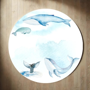 Whale Rug, Ocean Theme Carpet, Nautical Nursery Decor, Watercolor Sea Life Mat, Kids Room Round Rug, Marine Animals, Baby Playroom,