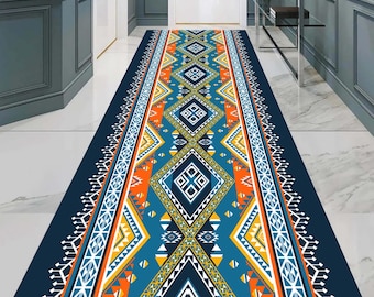 Tribal Runner Rug, Colorful Hall Mat, Boho Entryway Rug, Ethnic Aztec Pattern Mat, Geometric Rug, Long Rug For Hall, Navajo Style Runner