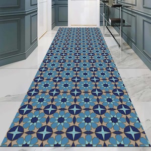 Runner Rug, Hallway Carpet, Blue Geometric Rug, Moroccan Style Runner, Washable Rug, Non-Slip Mat, Bohemian Home Decor, Custom Size Rug