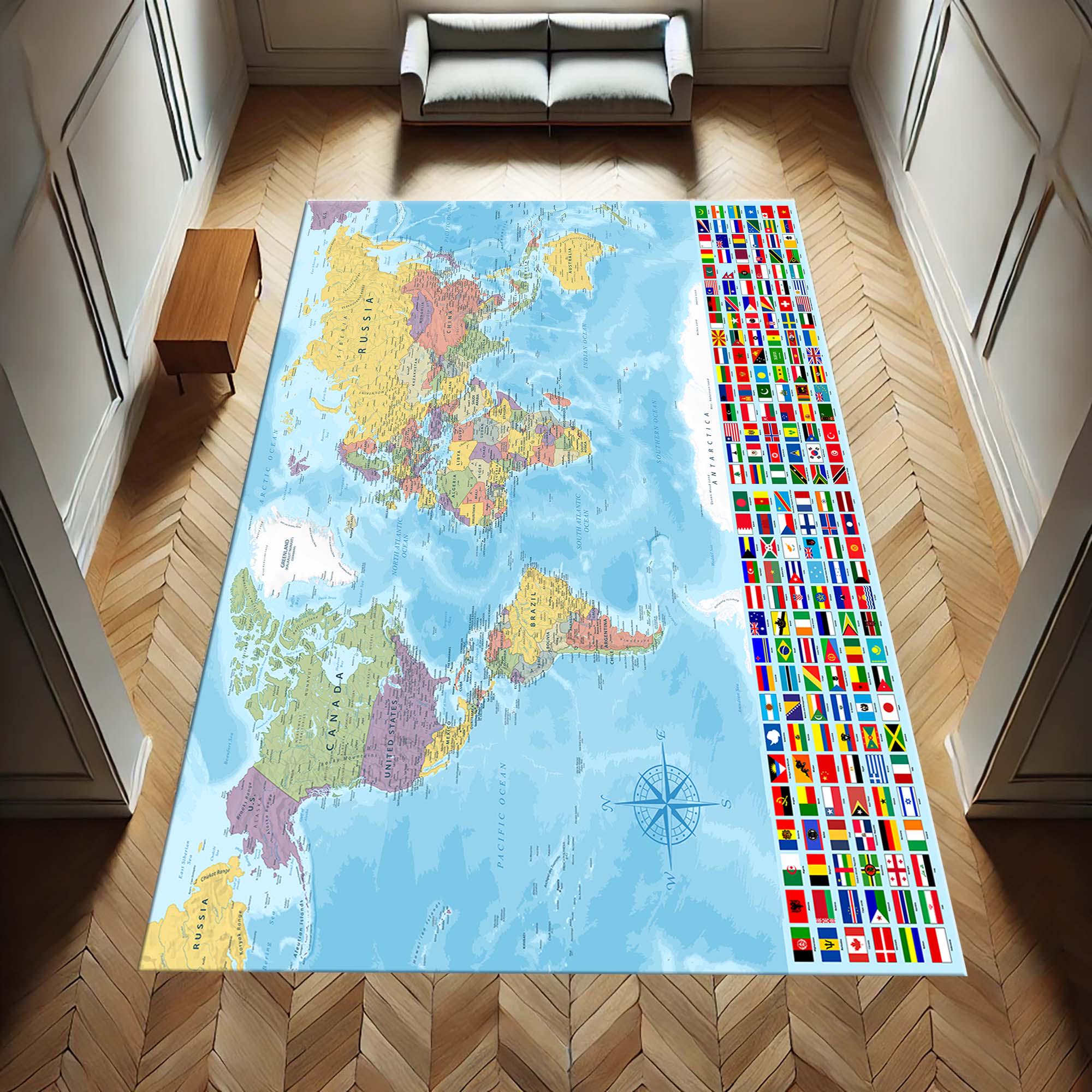 World Map Rug, Kids Room Mat, Educational Carpet, Geography Rug, Flag ...