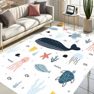 Ozean-Teppich, Nautisches Dekor, Kinderzimmer Teppich, Unterwasser-Design, Meerestiere, Küstenleben, Wal-Teppich, Meerestiere, Spielzimmer Dekor