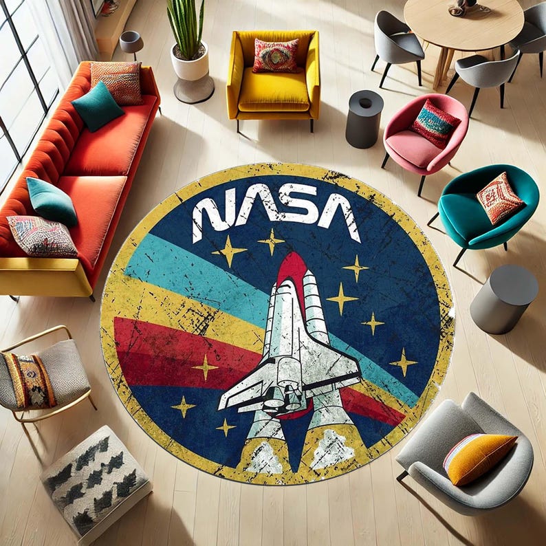 NASA Round Rug, Space Shuttle Carpet, Vintage Space Decor, Retro Galaxy ...