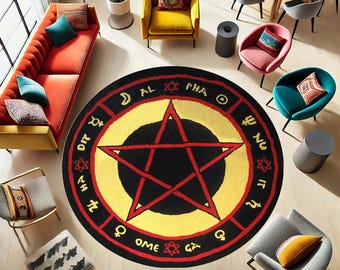 The Love Witch, Occult Pentagram Rug, Witchcraft Round Carpet, Magic Alchemy Mat, Wiccan Decor, Gothic Floor Rug, Spiritual Home Decor