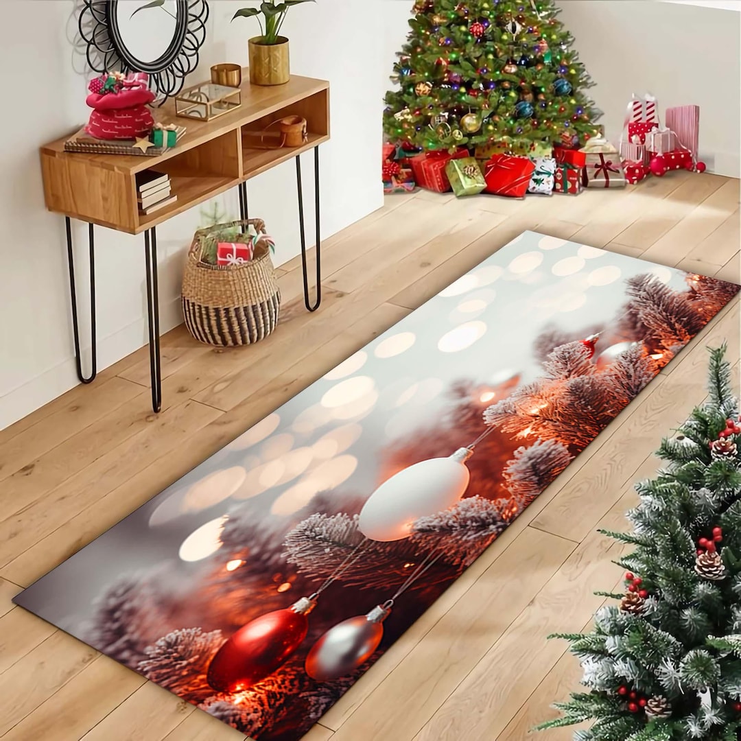 Christmas Ornament Rug Decor, Cozy Holiday Runner Rug, Xmas Floor Mat ...