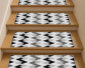 Stair Treads, Grey Black Stair Rugs, Modern Stair Mats, Geometric Stair Pads, Indoor Step Covers, Minimalist Stair Runner, Staircase Decor