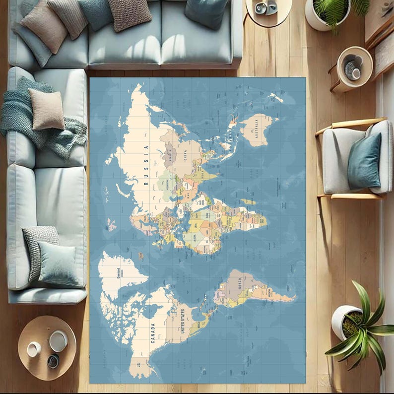 May include: A large, rectangular area rug featuring a world map design. The map is in muted tones of blue, beige, and various colors for the countries. The rug is placed on a wooden floor, surrounded by furniture.