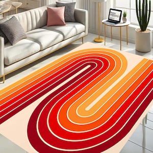 May include: A rectangular area rug with a retro design. The rug features a series of curved, parallel lines in shades of red, orange, and cream. The lines create a wave-like pattern across the rug's surface, adding a vibrant touch to the room.