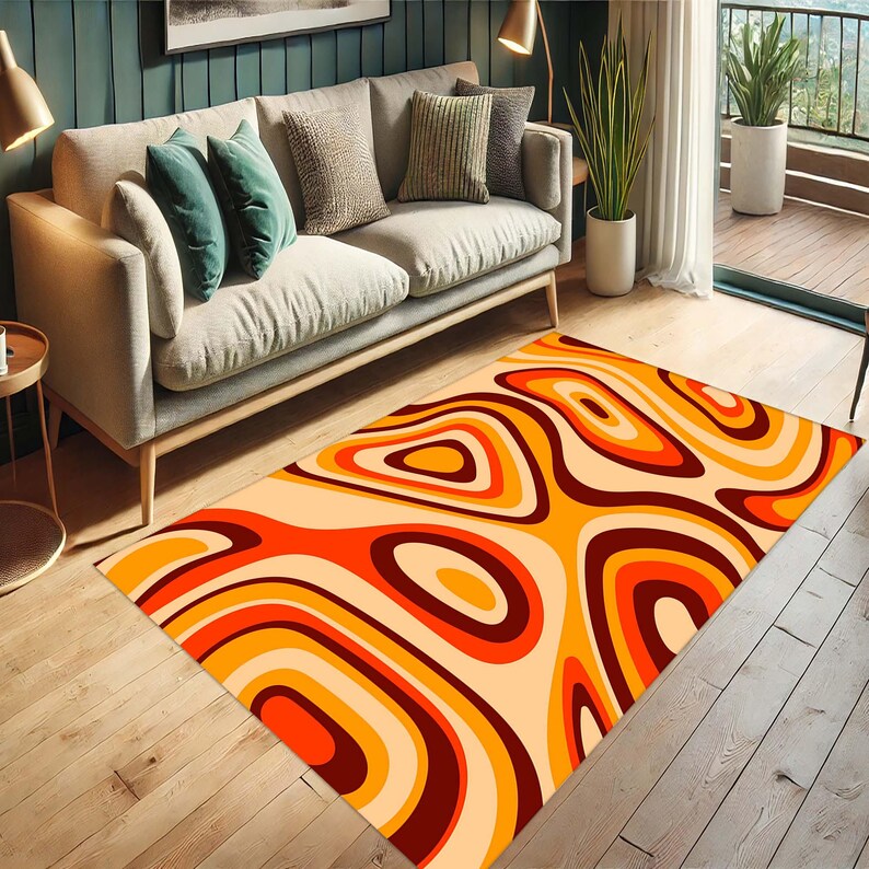 May include: Abstract area rug with a swirling pattern of orange, yellow, and brown. The rug has a modern, geometric design.