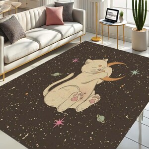 Space Cat Rug, Moon Kitty Carpet, Kawaii Room Decor, Cosmic Cat Rug, Starry Night Rug, Cartoon Kitty Mat, Whimsical Cat Celestial Floor Mat
