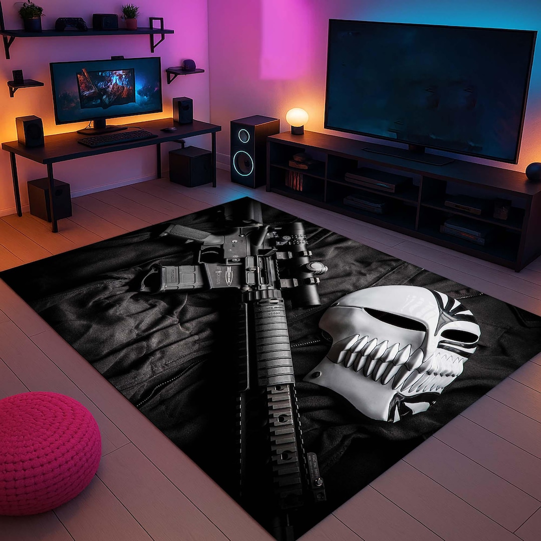 Gamer Rug Tactical Decor Dark Aesthetic Carpet Skull Mask Rug gamer-rug-tactical-decor-dark-aesthetic-carpet-skull-mask-rug