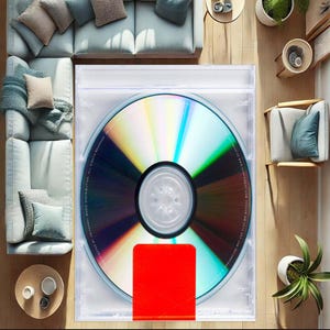 May include: A clear plastic CD case with a silver CD inside. The CD has a rainbow effect and a red stripe across the bottom. The case is sitting on a wooden surface.