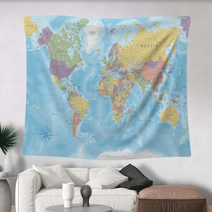Wandtapijt wereldkaart, grote muur hangen, aardrijkskundekunst, educatieve kaart, avontuurthema, woonkamerdecor, kantoor aan huis kunst aan de muur