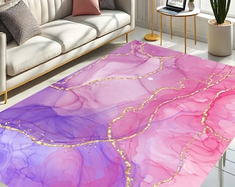 Pink Purple Marble Rug, Gold Vein Abstract Carpet, Modern Glam Room Decor, Feminine Style Home Decor, Watercolor Look Rug, Chic Carpet