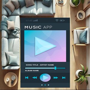 Op de afbeelding: Een donkerblauw tapijt met een muziek-app-interface. De app toont een grote afspeelknop, een titel van een nummer, een albumnaam en afspeelbesturingselementen. Het tapijt is perfect voor een woonkamer of slaapkamer.