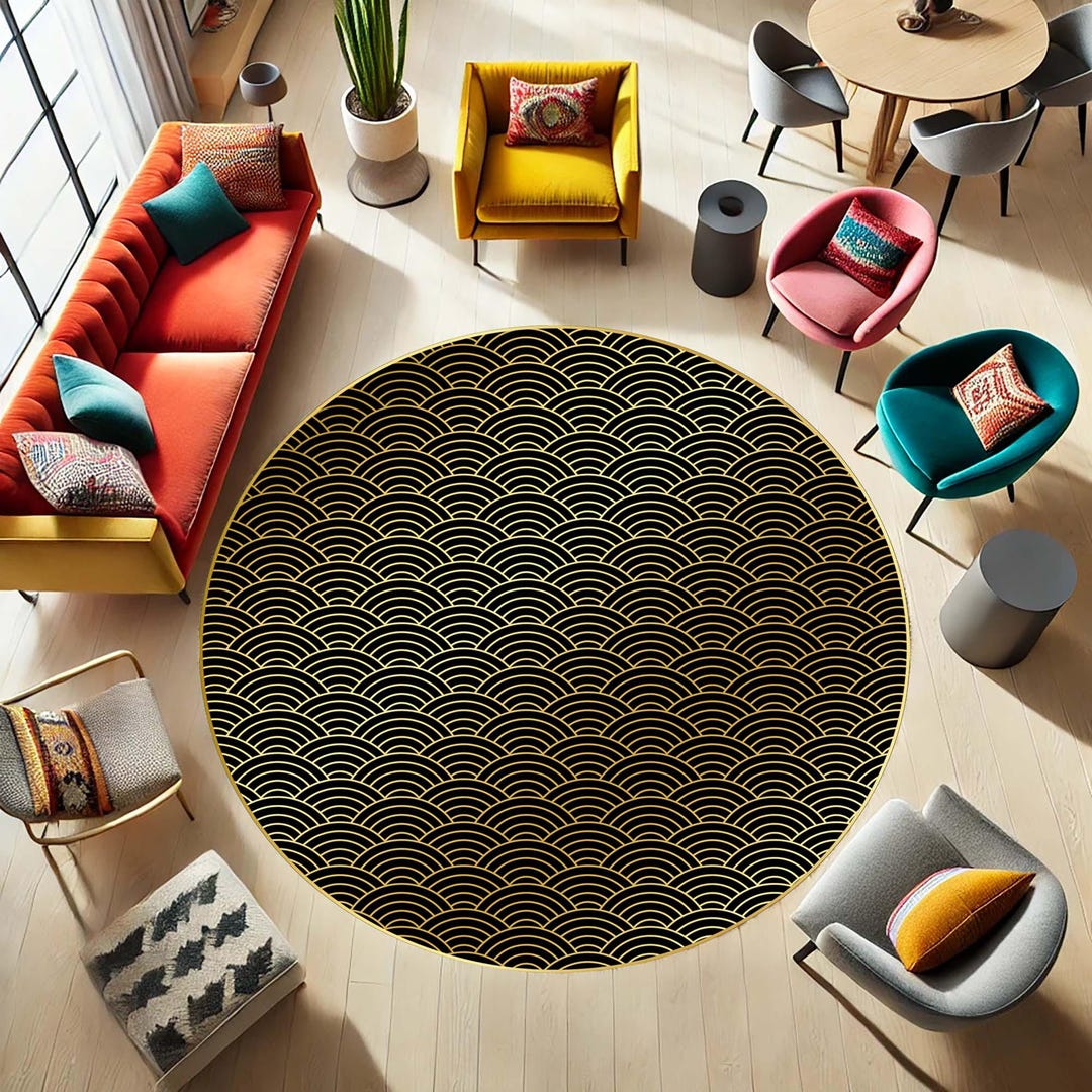 Japanese Repeating Pattern Rug Seigaiha Round Rug, Wave Pattern Mat, Gold Black Carpet, Zen Room Decor ...