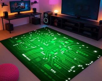 May include: A green rectangular area rug with a circuit board design. The rug features a network of glowing green lines and binary code patterns on a dark green background. The rug is placed in a room with a computer setup and a large TV.