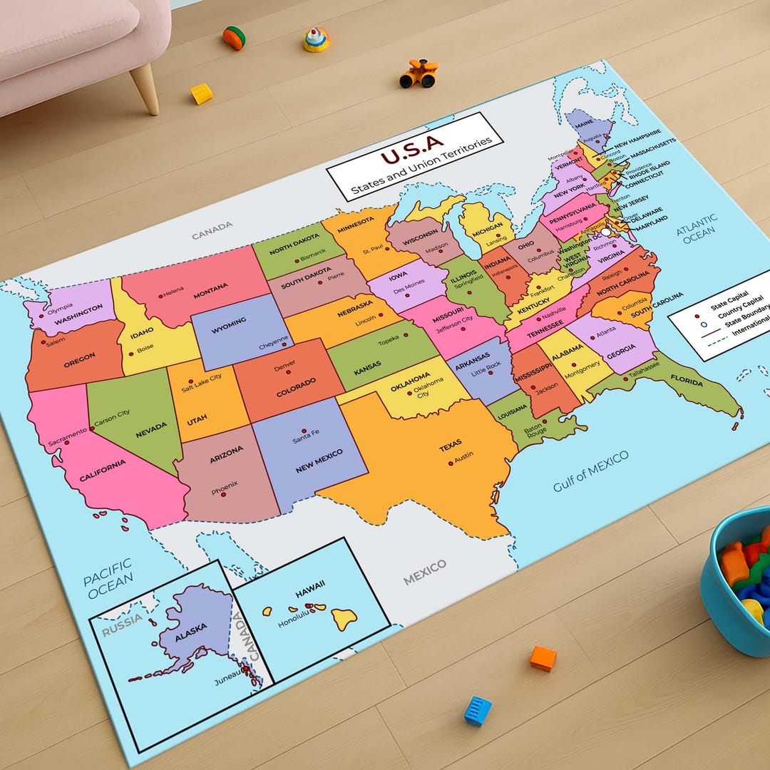 USA Map Rug Educational Rug Kids Learning Mat Geography Playroom 