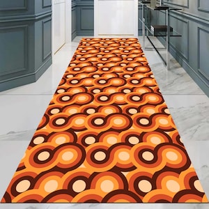 Retro Runner Rug, 70s Style, Orange Hallway Rug, Vintage Pattern Rug, Mod Decor Runner, Funky Floor Mat, Mid Century Rug, Groovy Long Rug