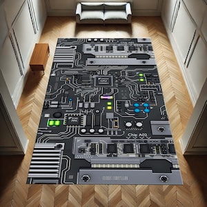 Motherboard-Cirup-Teppich, Tech-inspiriertes Design, High-Tech-Wohnzimmerdekor, schlanker Elektronikstil, Teppich für Elektronikkarten