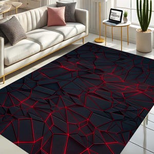 Abstract 3D Design Carpet, Futuristic Home Decor, Neon Style Area Rug, Red and Black Accent Carpet, Unique Living Room Rug