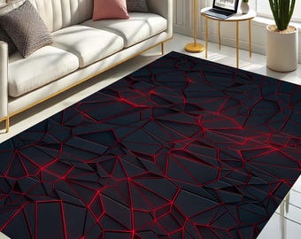 Tapete de design 3D abstrato, decoração de casa futurista, tapete de área estilo neon, tapete de destaque vermelho e preto, tapete de sala de estar exclusivo