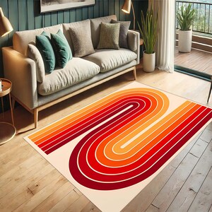 May include: A rectangular area rug with a retro design. The rug features a cream-colored background with a bold, curved pattern of red, orange, and yellow stripes. The rug is placed on a wooden floor in a living room setting.