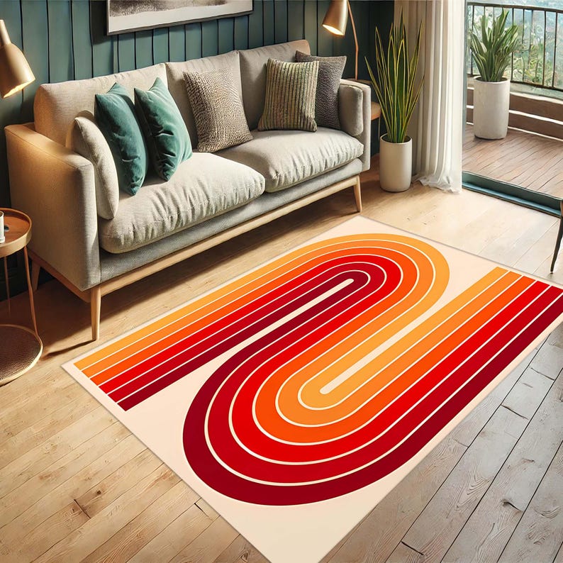 May include: A rectangular area rug with a retro design. The rug features a cream-colored background with a bold, curved pattern of red, orange, and yellow stripes. The rug is placed on a wooden floor in a living room setting.
