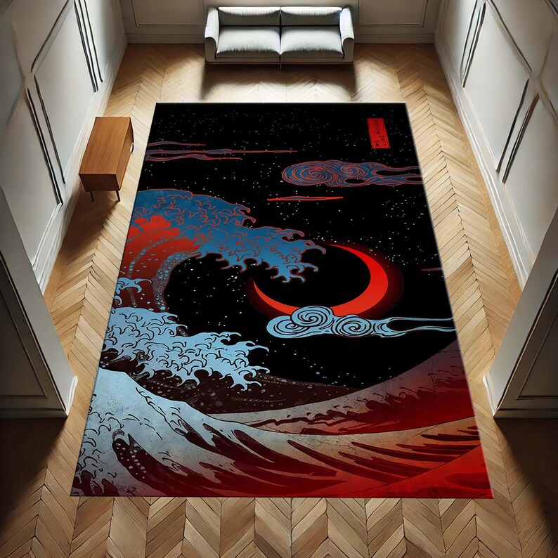 Japanese Pattern Rug Background Japanese Wave Rug, Traditional Art Inspired Carpet, Night Sky Decor ...
