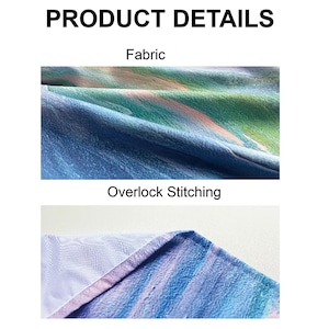 Puede incluir: Primer plano de los detalles del tejido y las costuras de un tapiz colorido. El tejido es suave y texturizado, con una gama de colores azul, verde y rosa. Las costuras son una puntada de remallado limpia.