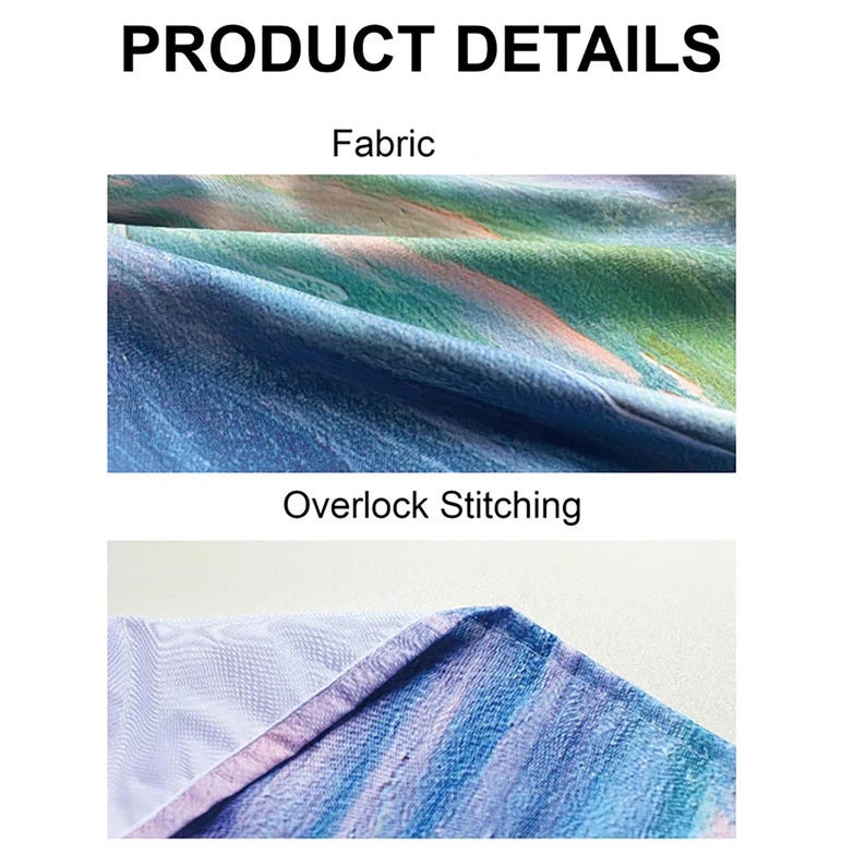 Puede incluir: Primer plano de los detalles del tejido y las costuras de un tapiz colorido. El tejido es suave y texturizado, con una gama de colores azul, verde y rosa. Las costuras son una puntada de remallado limpia.