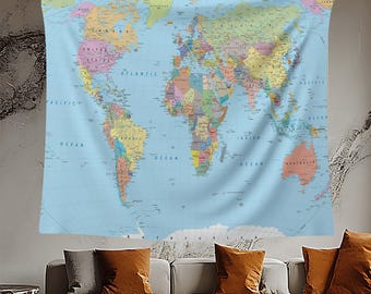 Arazzo con mappa del mondo, grande arazzo da parete, poster educativo, arte geografica, decorazione per l'aula, regalo per la voglia di viaggiare, mappa, arredamento per l'ufficio domestico