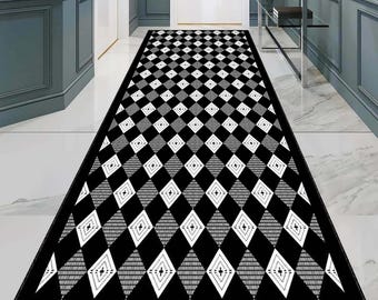 Diamond Pattern Runner Rug, Geometric Checkered Hallway Carpet, Modern Narrow Floor Mat, Stylish Entryway Decor, Washable Corridor Area Rug