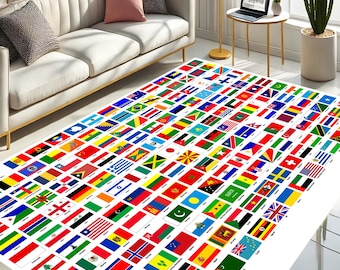 May include: A white rug with a colorful pattern of flags from around the world. The flags are arranged in rows and columns, and each flag is distinct and easily recognizable.