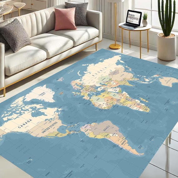 World Map Rug, Educational Decor, GeographyGift, Kids Room Carpet, Global Map Design, Learning Rugs, Adventure Decor, Home Office Style,
