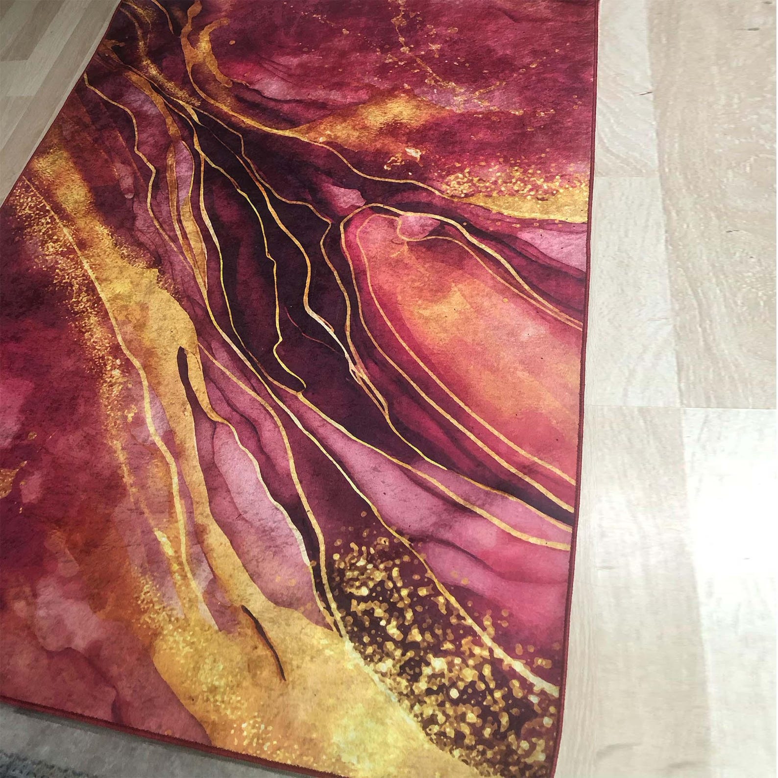 Luxurious Rug, Marble Effect Carpet, Wine Red and Gold Design ...