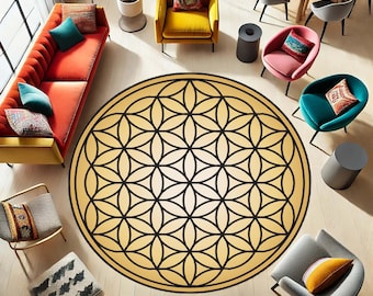 Tappeto Fiore della Vita, Tappetino Geometria Sacra, Tappeto Mandala Rotondo, Tappeto Meditazione Boho, Tappetino Yoga Spirituale, Tappeto Stile Zen Dorato, Tappetino Esoterico