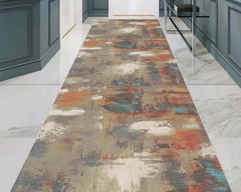 Abstract Hallway Runner Rug, Modern Long Carpet, Washable Entryway Rug, Contemporary Floor Mat, Geometric Corridor Rug, Home Decor