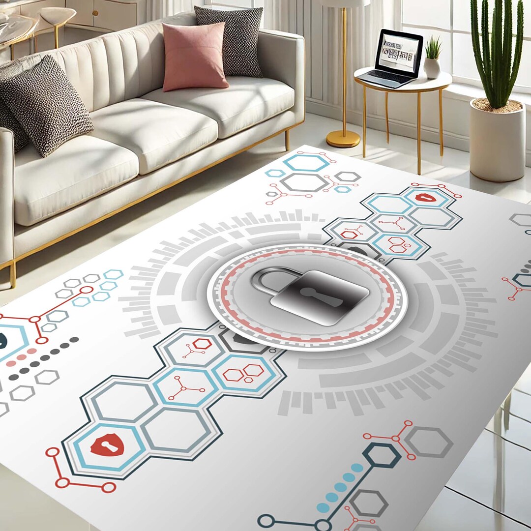 Technology Rug Tech Theme Rug, Cybersecurity Decor, Futuristic Floor Mat, Padlock ...