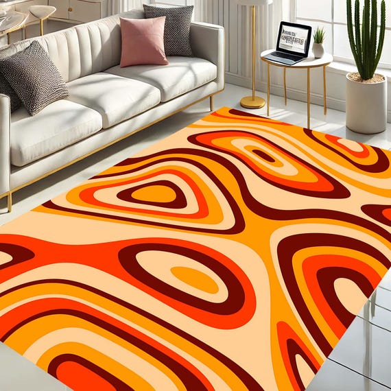 Retro Area Rug, 70s Inspired Carpet, Psychedelic Swirl Design, Mid-Century Modern Rug, Bold Abstract Patterns, Orange Brown Carpet