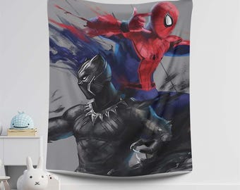 SpiderMan Tapestry, BlackPanther, Superhero Room Decor, Boys Bedroom Decor, Comic Art Print, Kids Wall Hanging, Fans Gift, Superhero Poster
