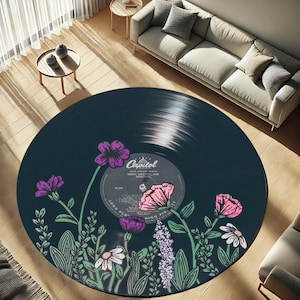 Vinyl Record Rug, Retro Music Decor, Boho Round Carpet, Floral Vinyl Art, Vintage Home Accent, Music Lover Gift, Artistic Rug Design